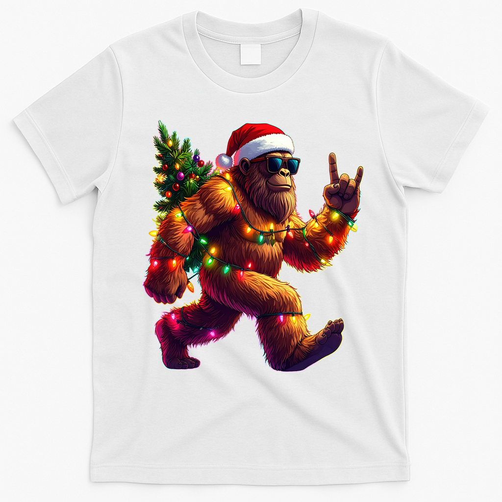 Funny Christmas Lights Sasquatch Big Foot T-Shirt - White