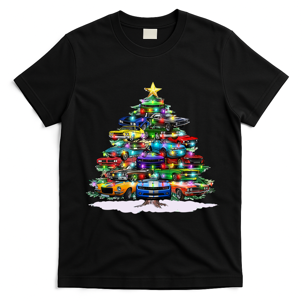 Funny Christmas Muscle Car Christmas Tree T-Shirt - Black