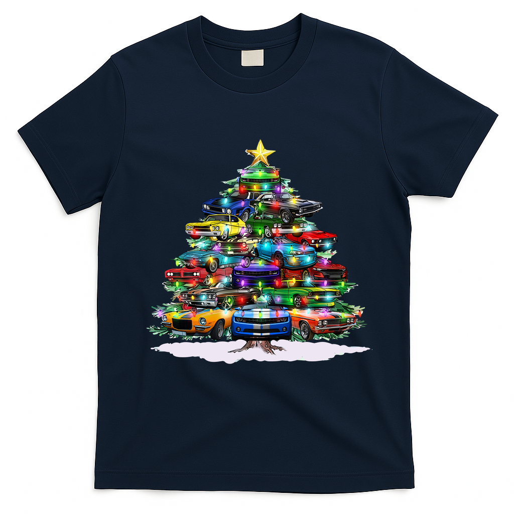 Funny Christmas Muscle Car Christmas Tree T-Shirt - Navy Blue