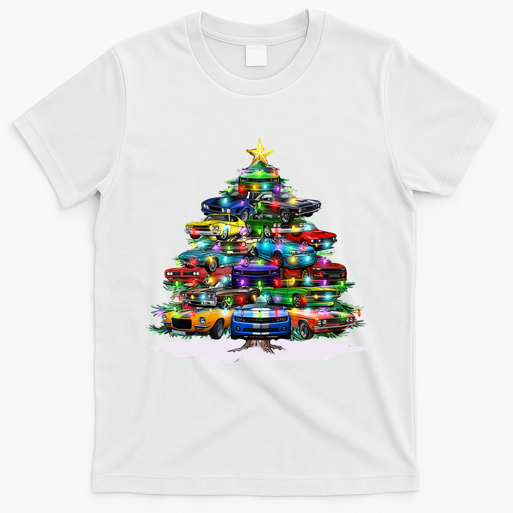 Funny Christmas Muscle Car Christmas Tree T-Shirt - White