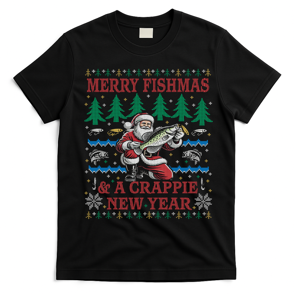 Funny Crappie New Year Fishing Ugly Christmas Sweater Party T-Shirt - Black