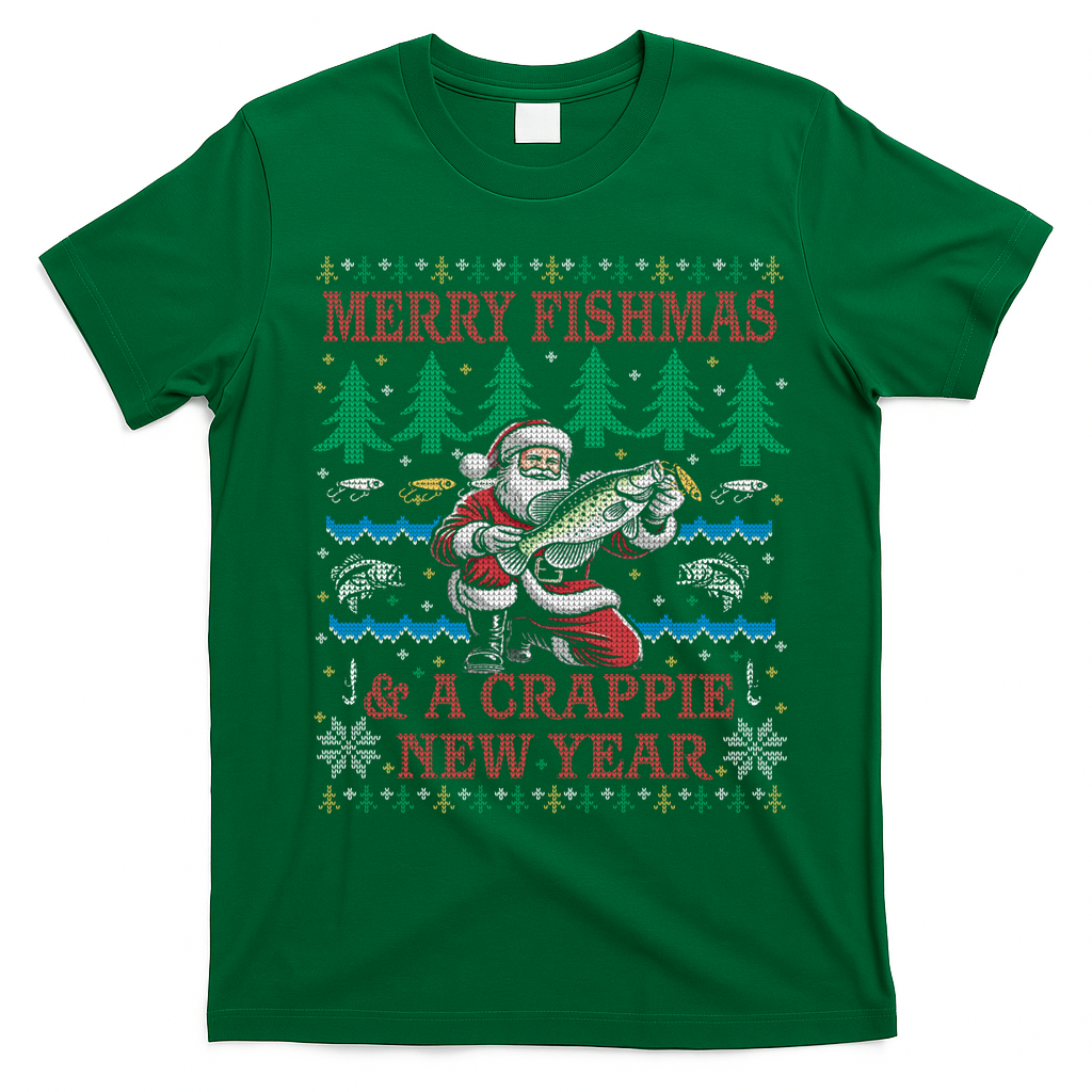 Funny Crappie New Year Fishing Ugly Christmas Sweater Party T-Shirt - Irish Green