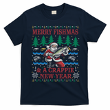 Funny Crappie New Year Fishing Ugly Christmas Sweater Party T-Shirt - Navy Blue