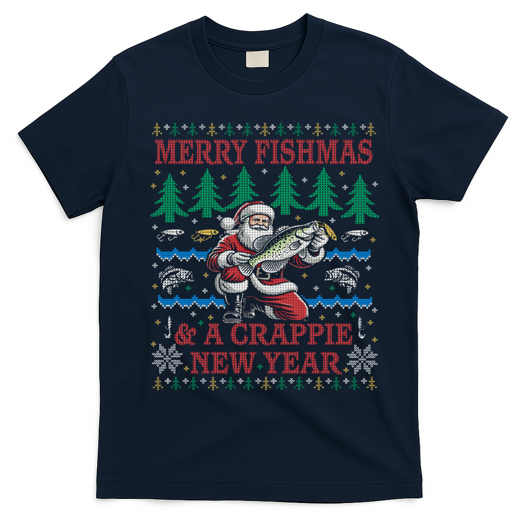 Funny Crappie New Year Fishing Ugly Christmas Sweater Party T-Shirt - Navy Blue