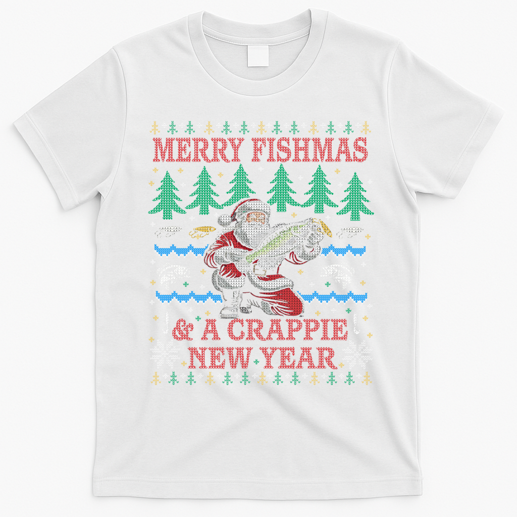Funny Crappie New Year Fishing Ugly Christmas Sweater Party T-Shirt - White