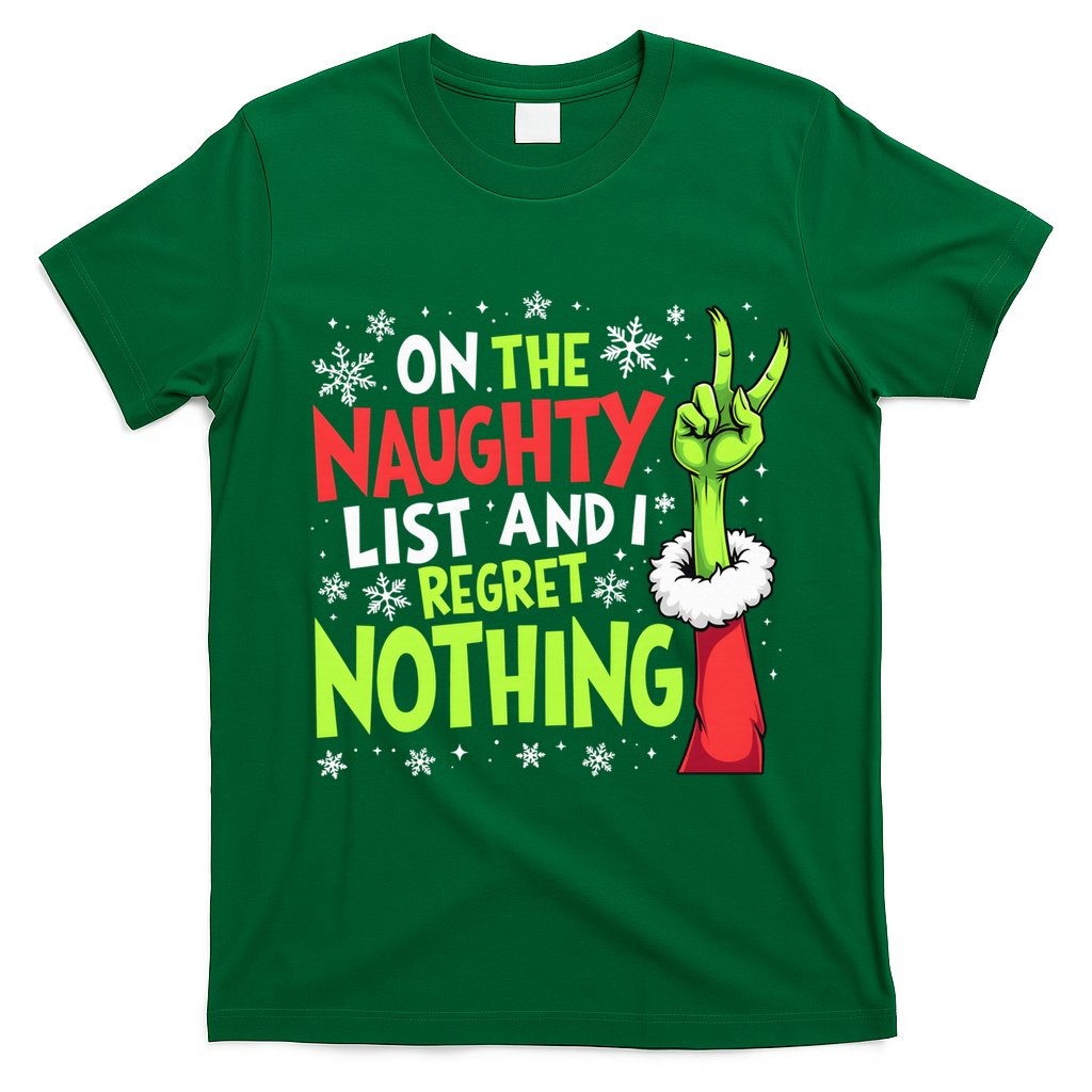 Funny Christmas On The Naughty List And I Regret Nothing T-Shirt - Irish Green