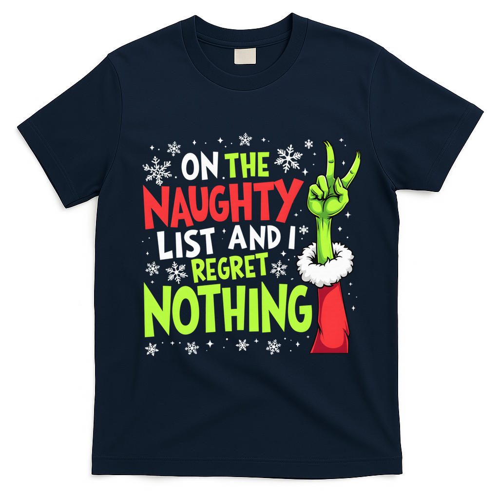 Funny Christmas On The Naughty List And I Regret Nothing T-Shirt - Navy Blue