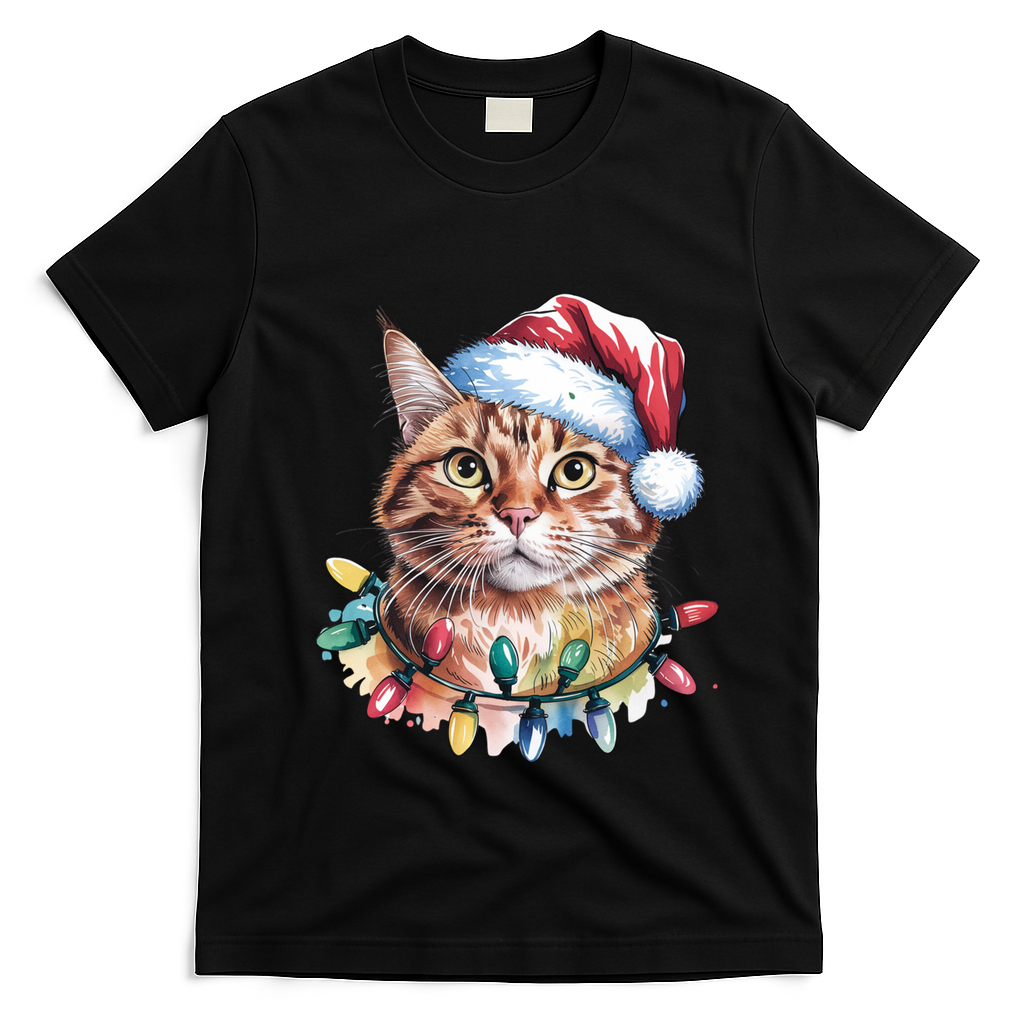 Funny Christmas Orange Tabby Cat Christmas Tree Santa Cat Meaningful Gift T-Shirt - Black