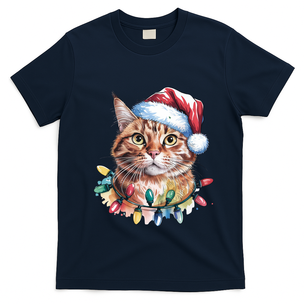 Funny Christmas Orange Tabby Cat Christmas Tree Santa Cat Meaningful Gift T-Shirt - Navy Blue