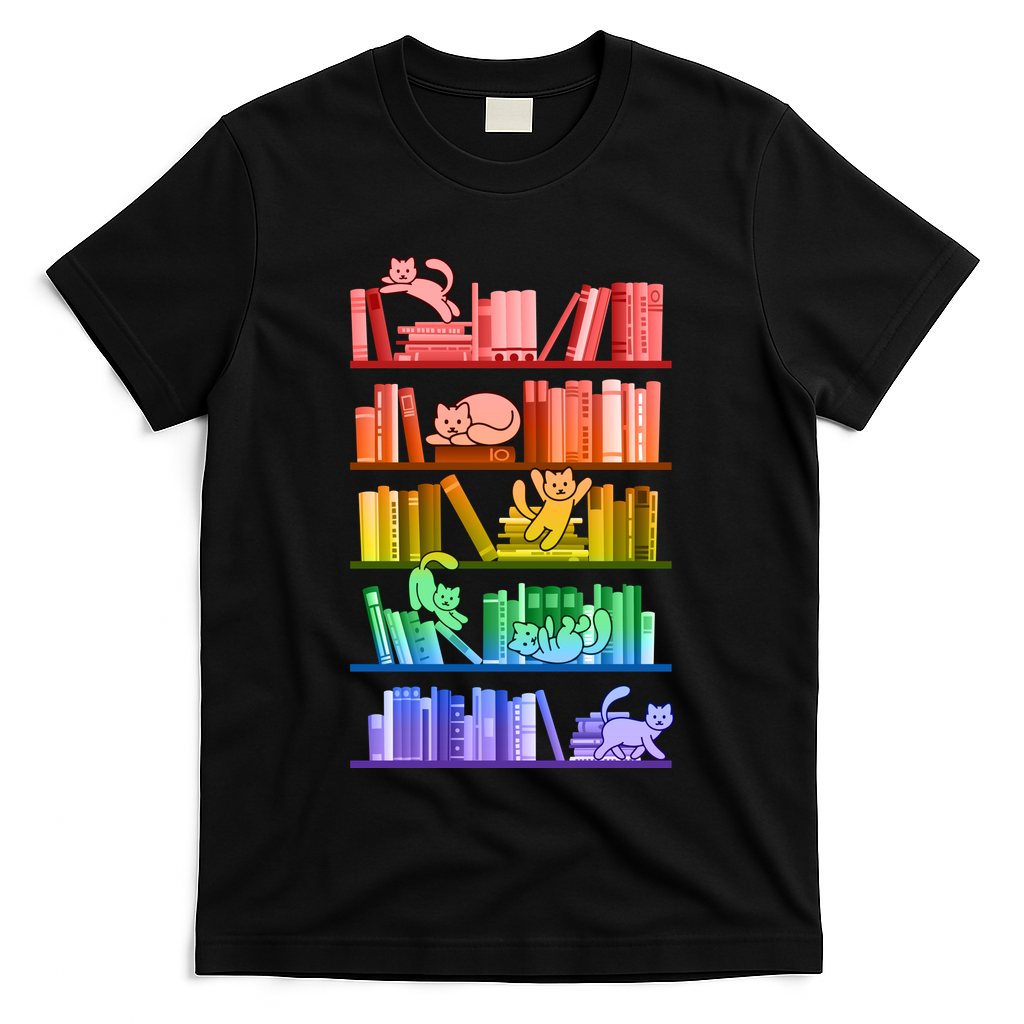 Funny Colorful Rainbow Library Cats T-Shirt