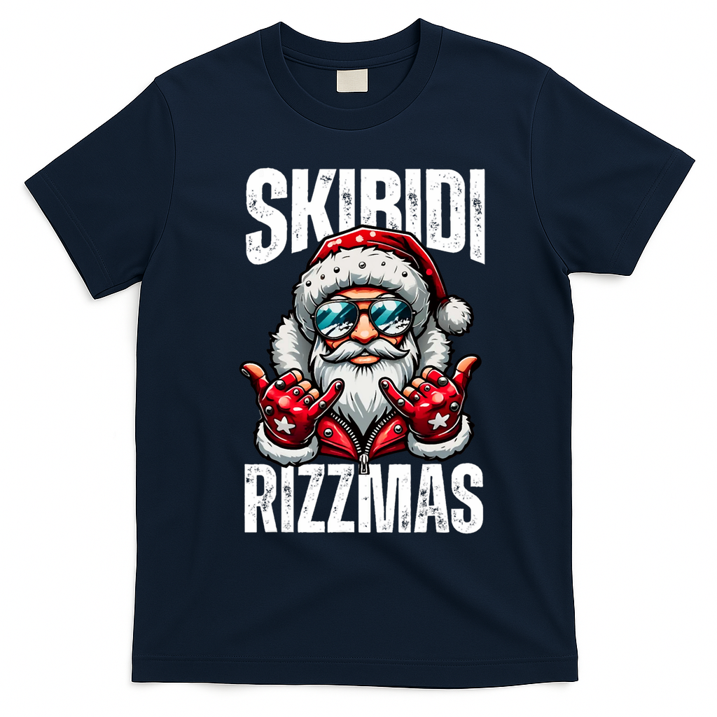 Funny Christmas Rizz Santa Ski Bi Di Rizzmas T-Shirt - Navy Blue