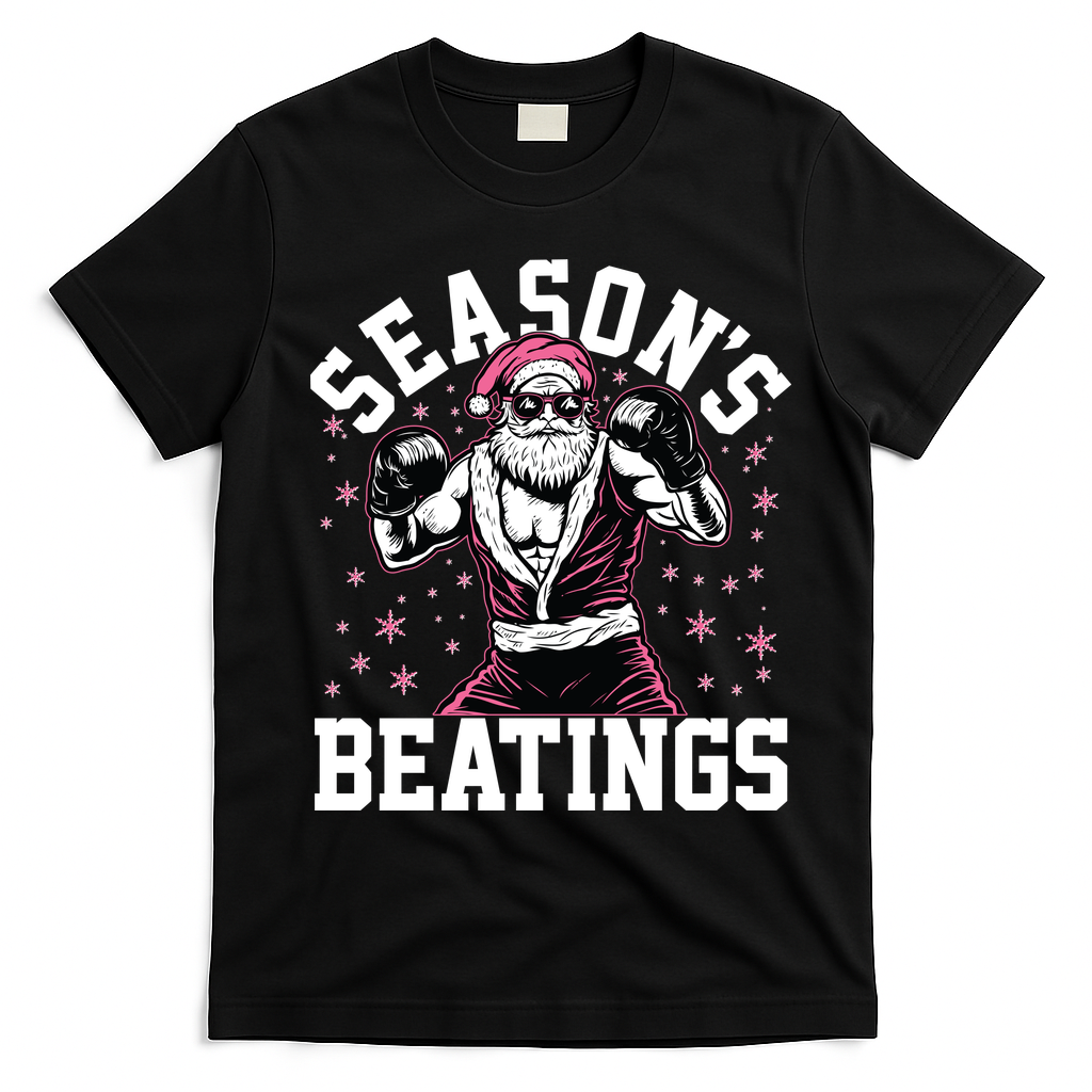 Funny Christmas Seasons Beatings Mma Boxing Santa Claus T-Shirt - Black