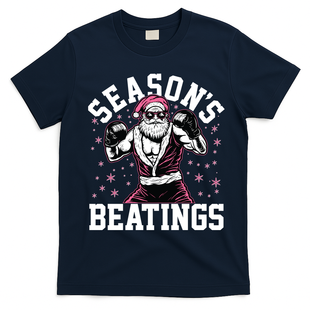 Funny Christmas Seasons Beatings Mma Boxing Santa Claus T-Shirt - Navy Blue