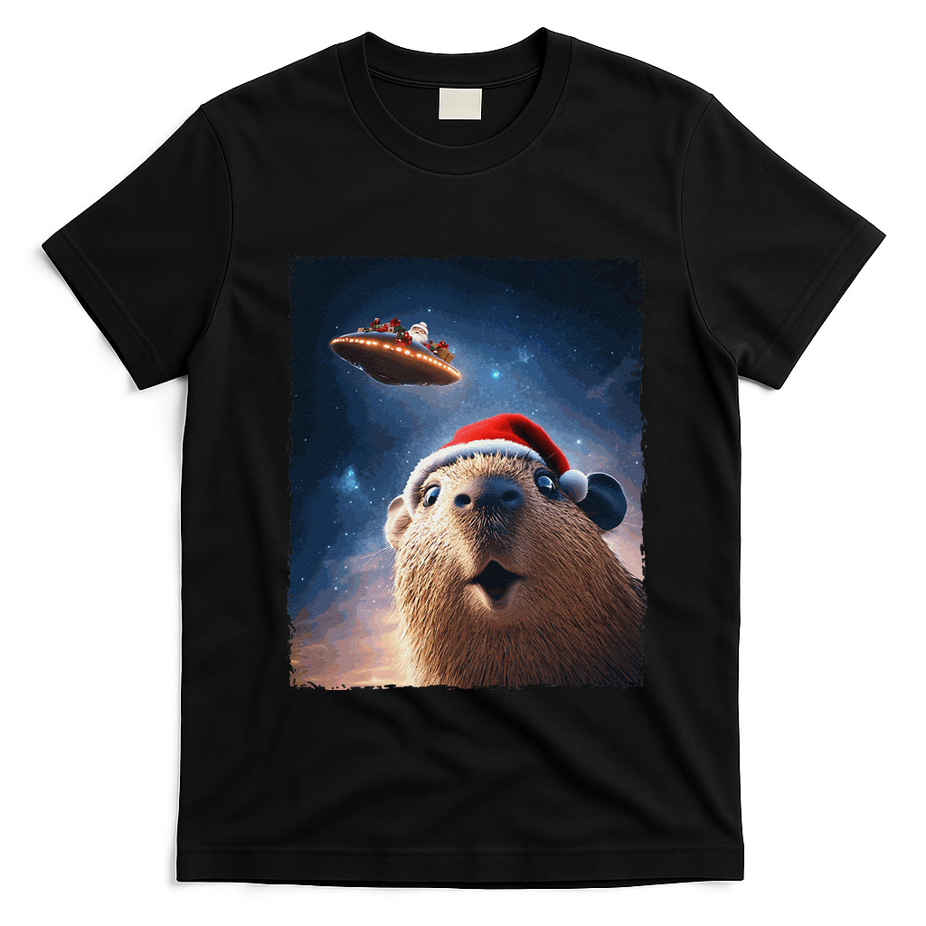Funny Capybara Selfie Santa Ufo Xmas Christmas T-Shirt - Black
