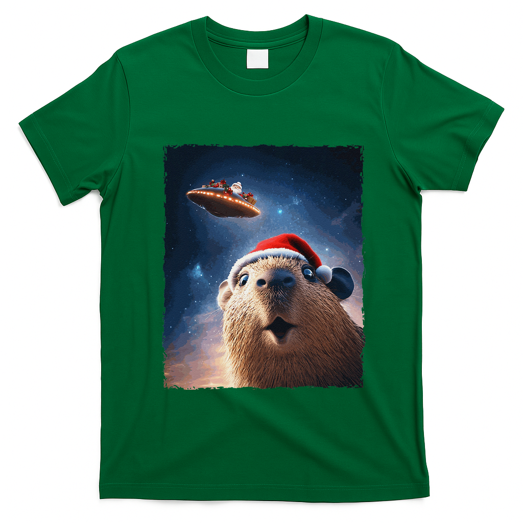 Funny Capybara Selfie Santa Ufo Xmas Christmas T-Shirt - Irish Green