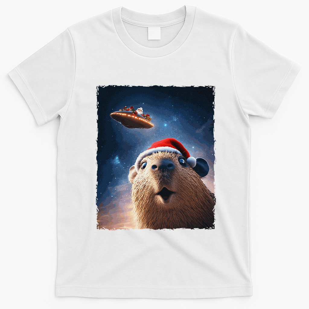Funny Capybara Selfie Santa Ufo Xmas Christmas T-Shirt - White