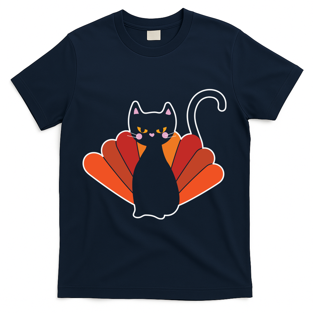 Funny Cute Thanksgiving Cat Turkey T-Shirt - Navy