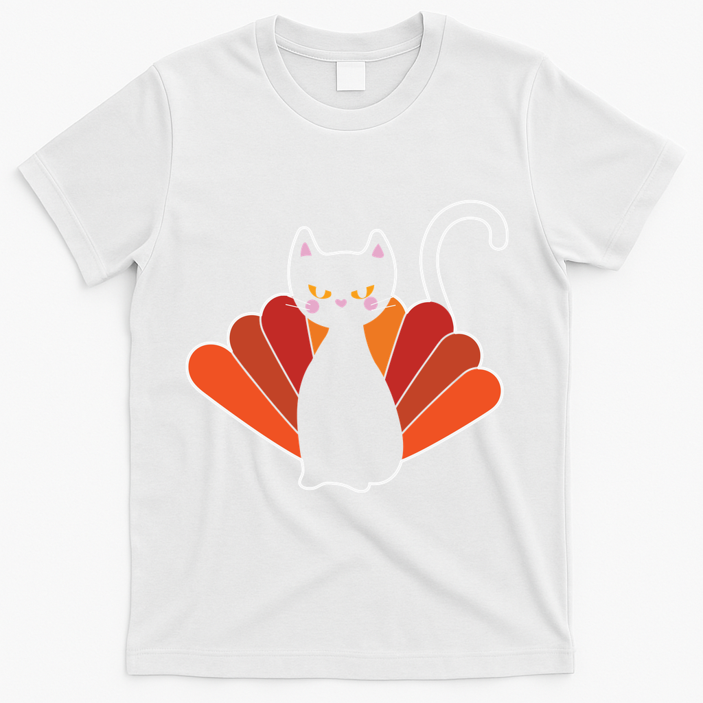 Funny Cute Thanksgiving Cat Turkey T-Shirt - White