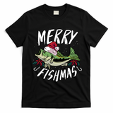 Funny Christmas Themed Bass Fishing Design Merry Fishmas Gift T-Shirt - Black