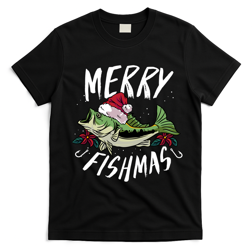 Funny Christmas Themed Bass Fishing Design Merry Fishmas Gift T-Shirt - Black
