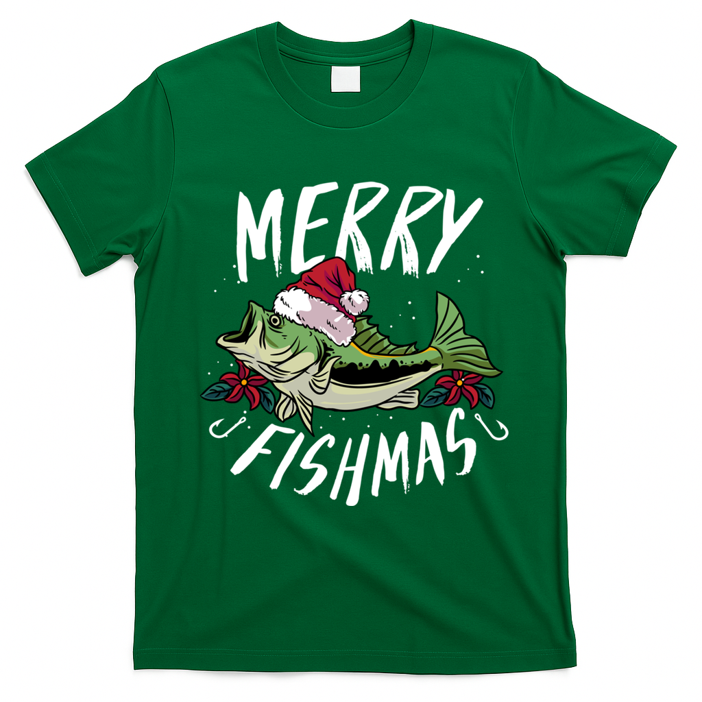 Funny Christmas Themed Bass Fishing Design Merry Fishmas Gift T-Shirt - Irish Green