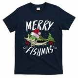 Funny Christmas Themed Bass Fishing Design Merry Fishmas Gift T-Shirt - Navy Blue