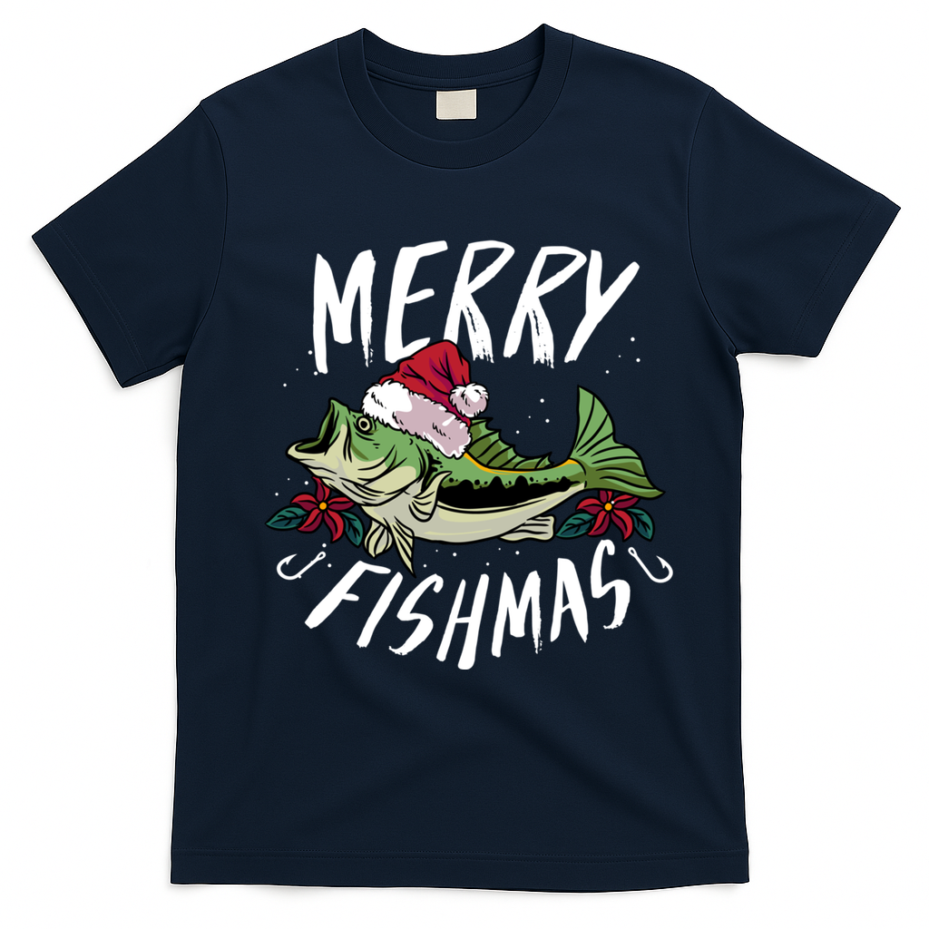 Funny Christmas Themed Bass Fishing Design Merry Fishmas Gift T-Shirt - Navy Blue