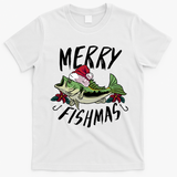 Funny Christmas Themed Bass Fishing Design Merry Fishmas Gift T-Shirt - White