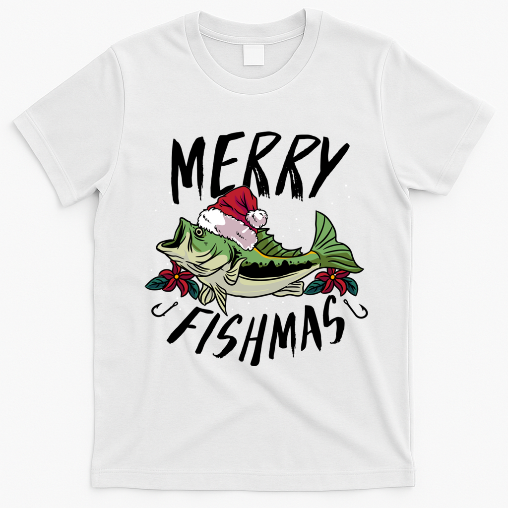 Funny Christmas Themed Bass Fishing Design Merry Fishmas Gift T-Shirt - White