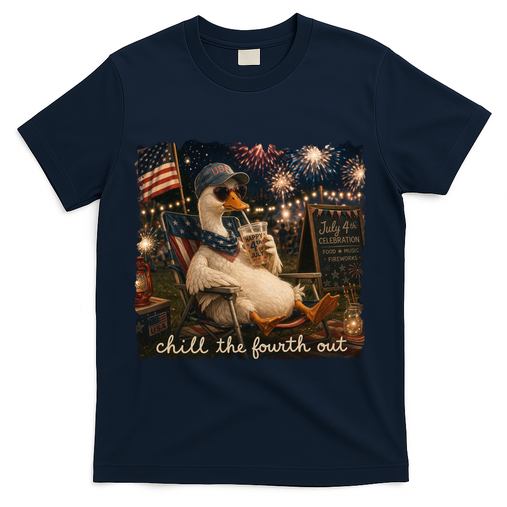 Funny Chill The Fourth Out 4th Of July Goose T-Shirt - Navy