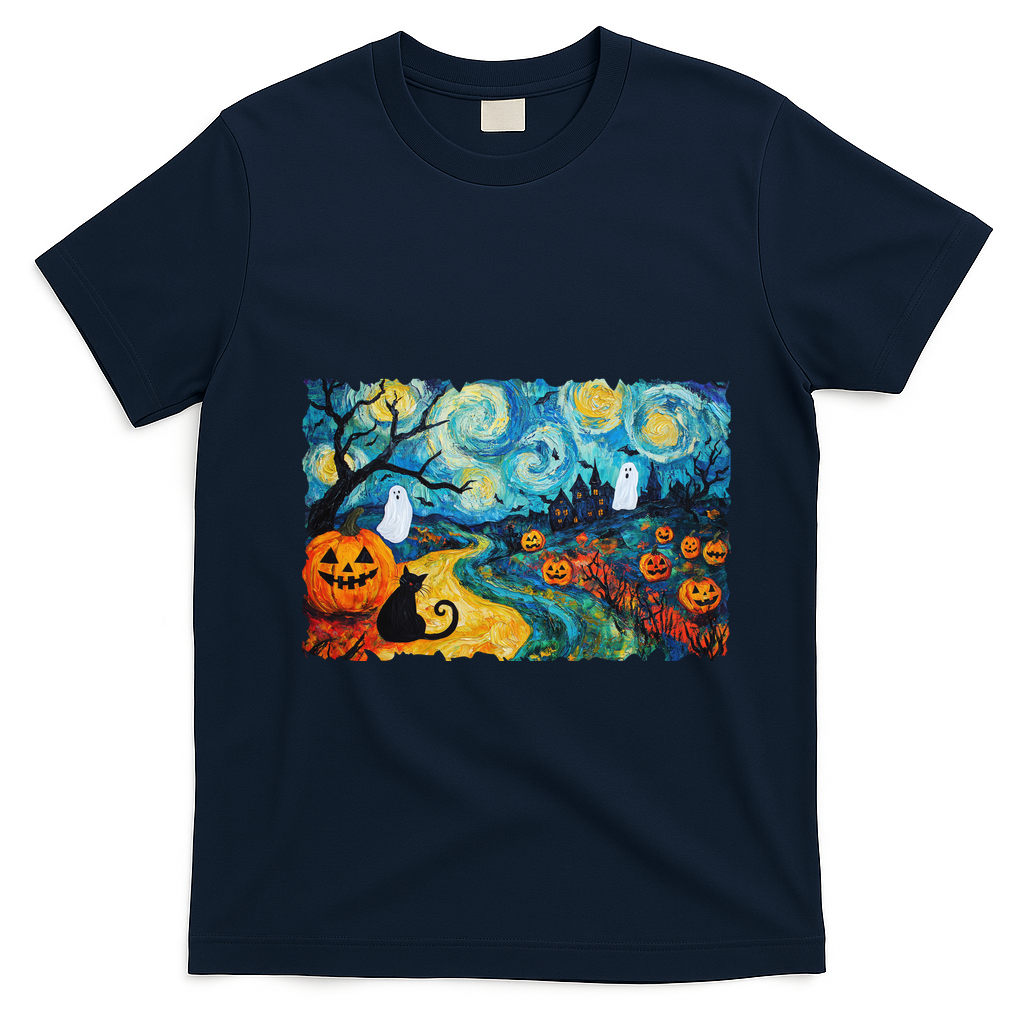 Funny Classic Van Gogh Inspired Halloween Scene T-Shirt - Navy Blue