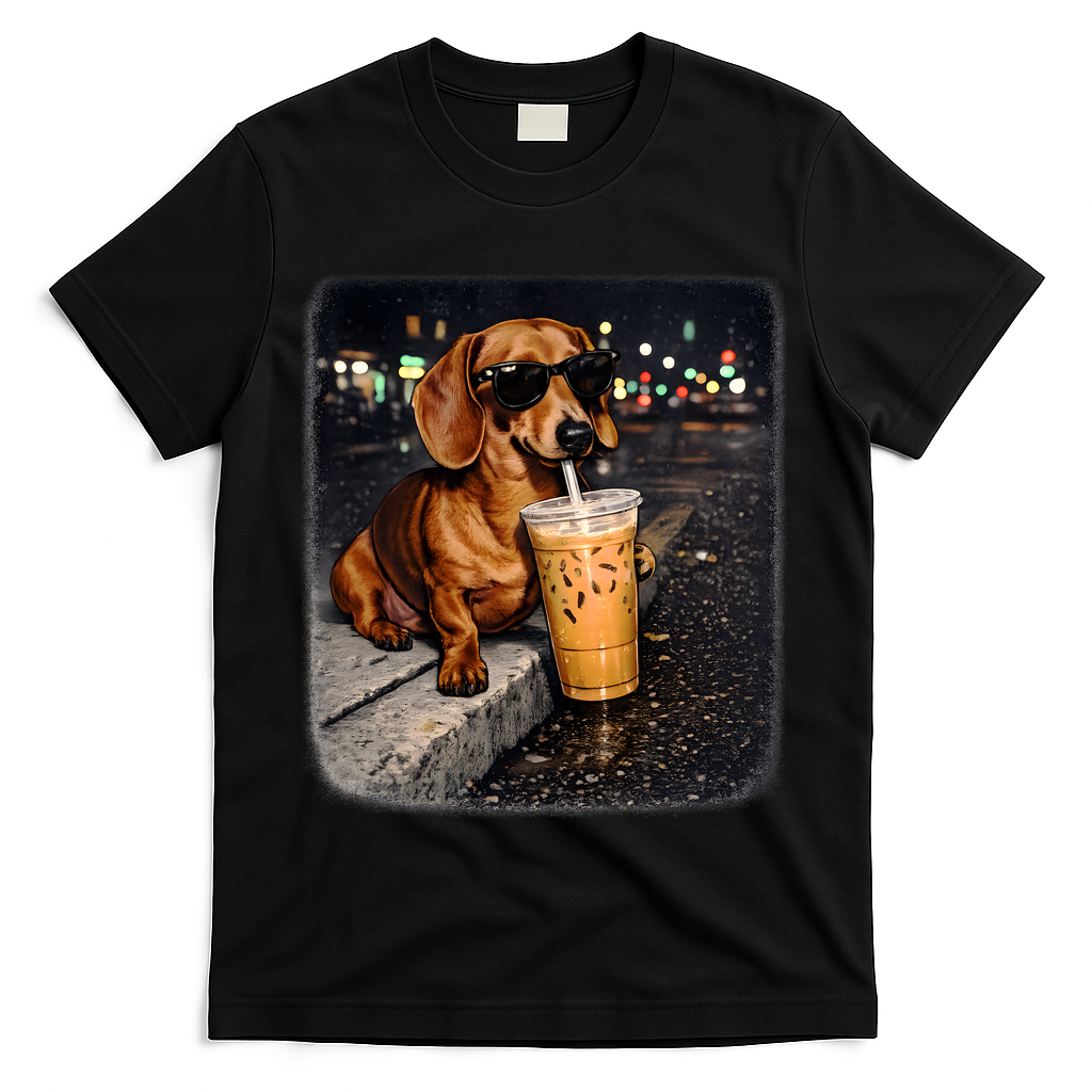 Funny Dachshund Drinking Iced Coffee T-Shirt