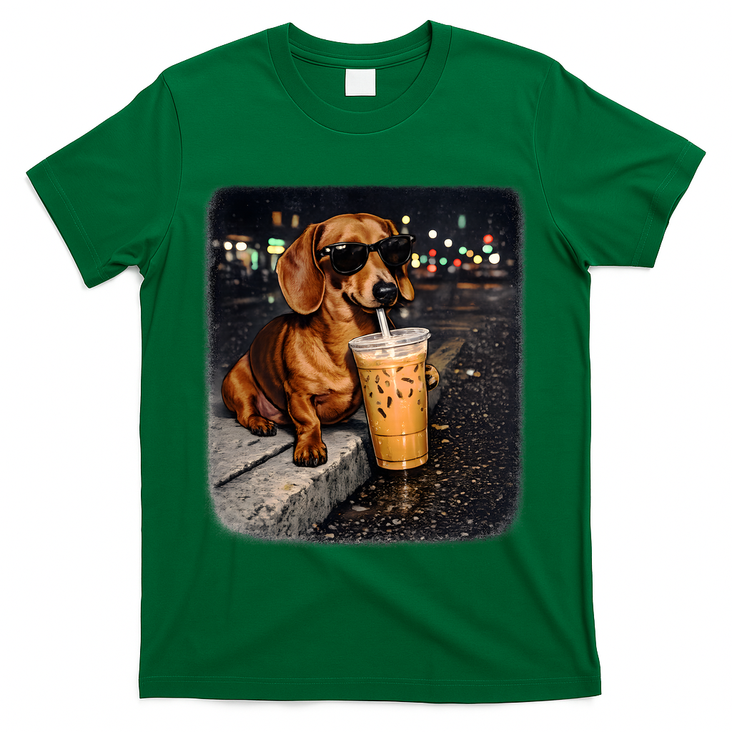 Funny Dachshund Drinking Iced Coffee T-Shirt