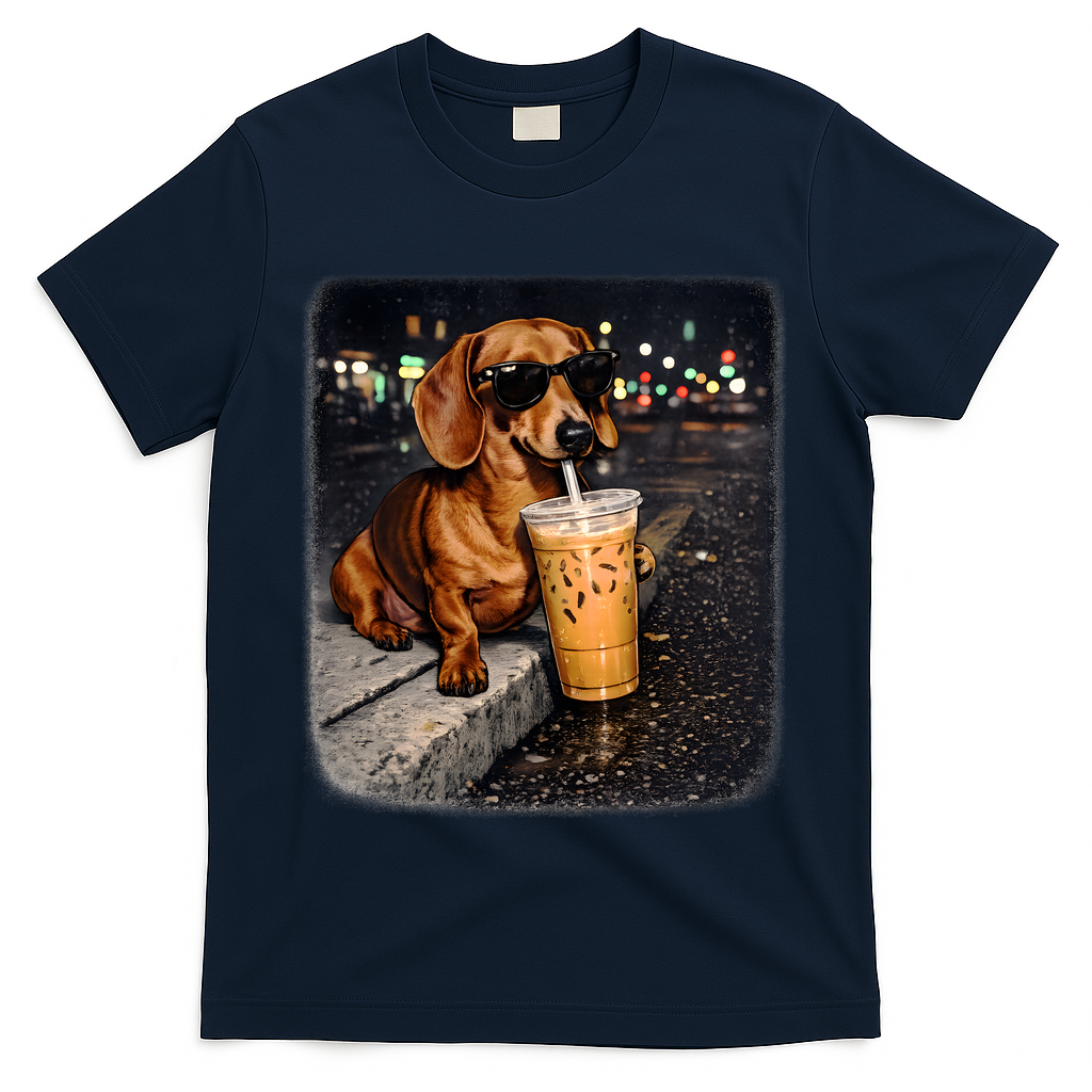 Funny Dachshund Drinking Iced Coffee T-Shirt