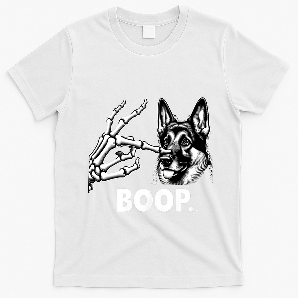 Funny Dog German Shepherd Skeleton Hand Boop Costume T-Shirt - White