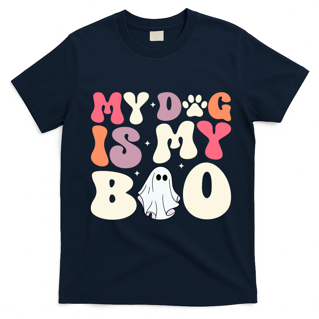 Funny Dog Lover Halloween Puppy Groovy My Dog Is My Boo Gift T-Shirt - Navy Blue
