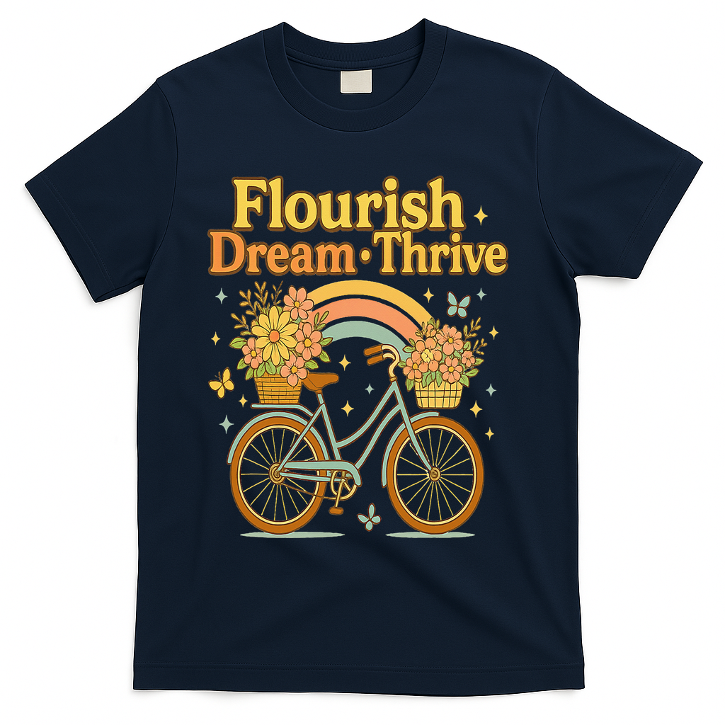 Flourish Dream Thrive Floral Bike Subtle 8647 Trump Resist  T-Shirt - Navy