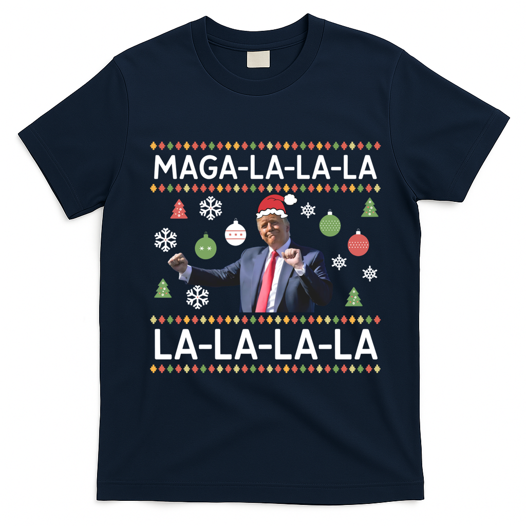 Funny Donald Trump Ugly Christmas Maga La La La Gift T-Shirt - Navy Blue