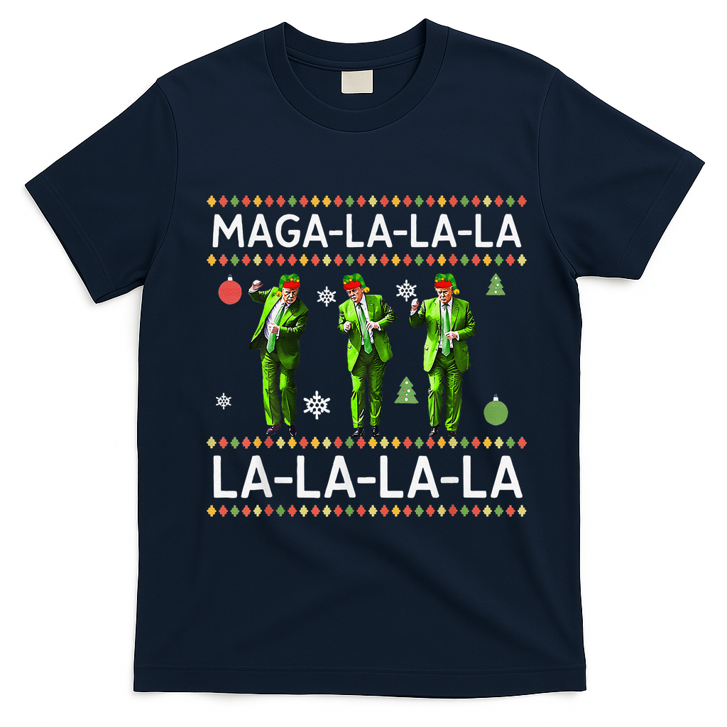 Funny Donald Trump Ugly Christmas Sweater. Maga La La La T-Shirt - Navy Blue
