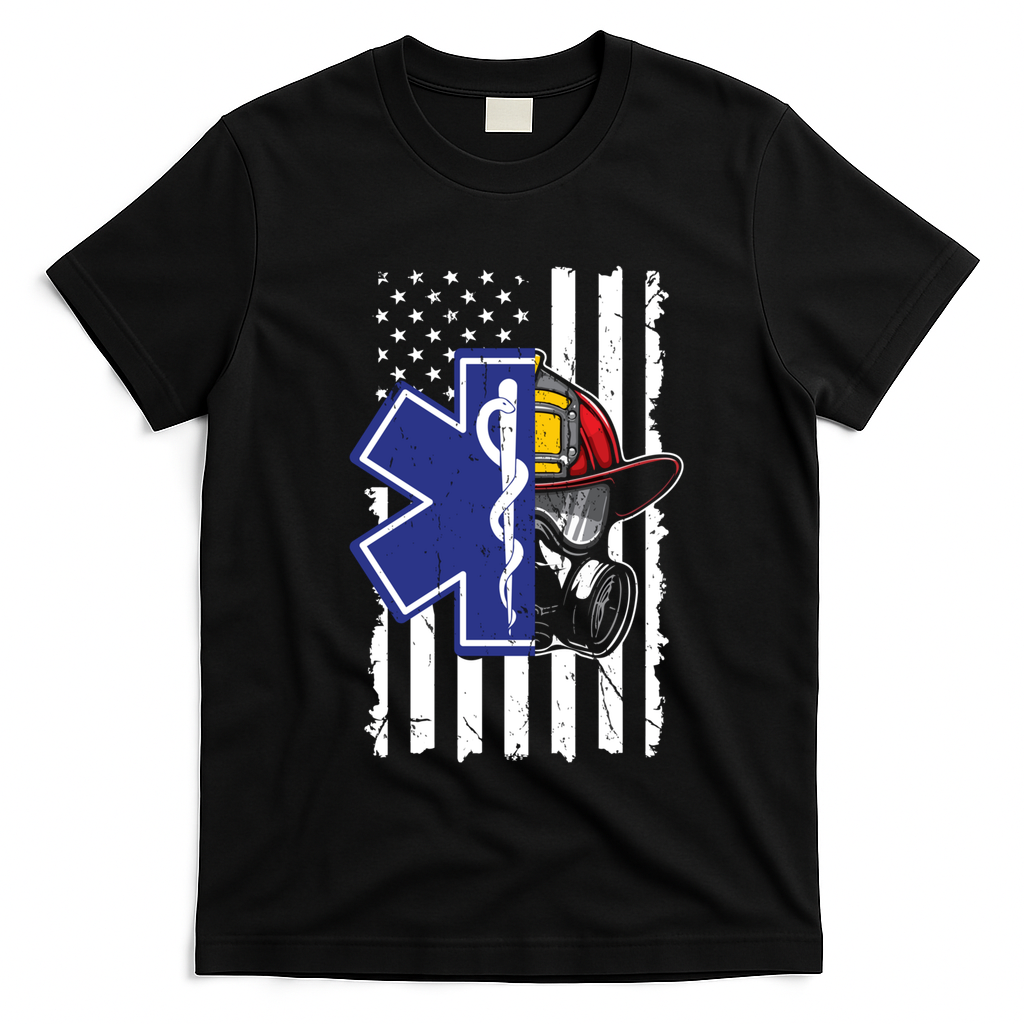 Firefighter Ems Cross Usa Flag Distressed Heros Novelty Cool Gift T-Shirt - Black