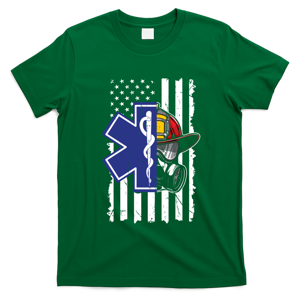 Firefighter Ems Cross Usa Flag Distressed Heros Novelty Cool Gift T-Shirt - Irish Green