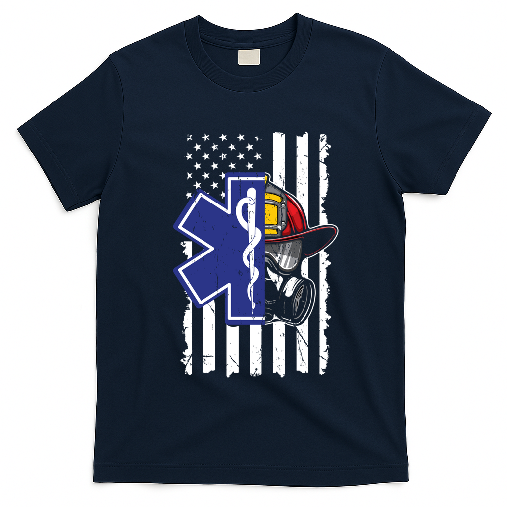 Firefighter Ems Cross Usa Flag Distressed Heros Novelty Cool Gift T-Shirt - Navy Blue