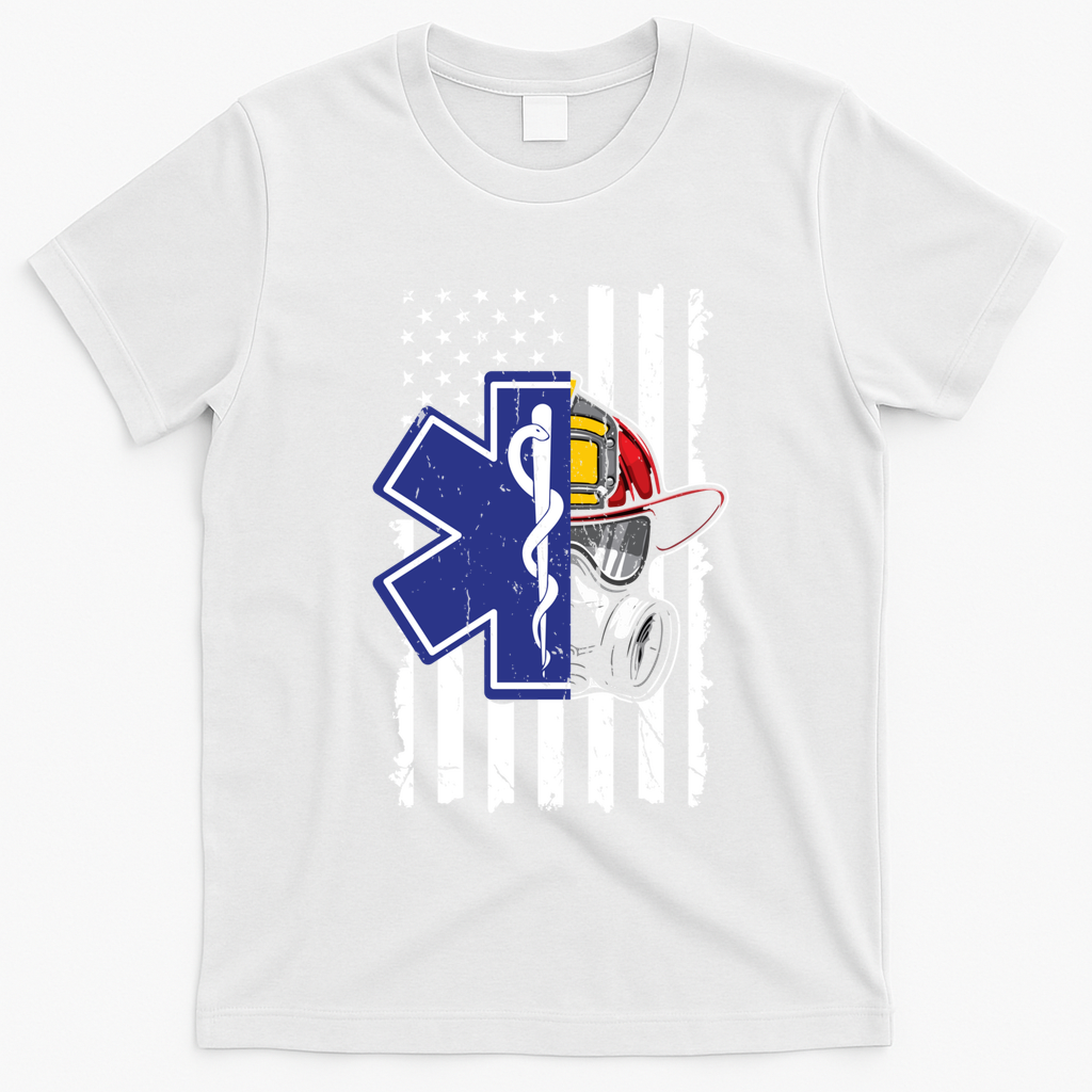 Firefighter Ems Cross Usa Flag Distressed Heros Novelty Cool Gift T-Shirt - White