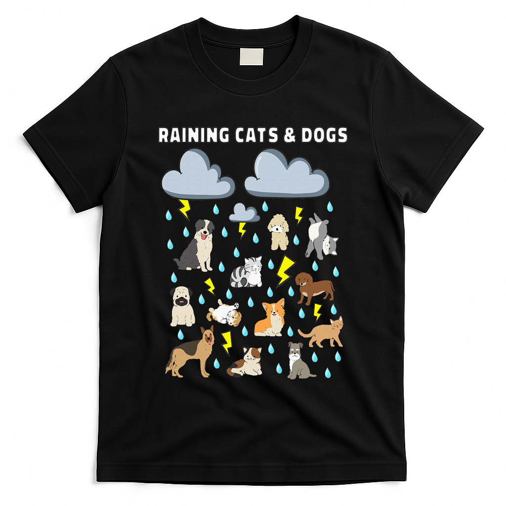 Funny English Idiom Raining Cats and Dogs Puppies Kitten T-Shirt