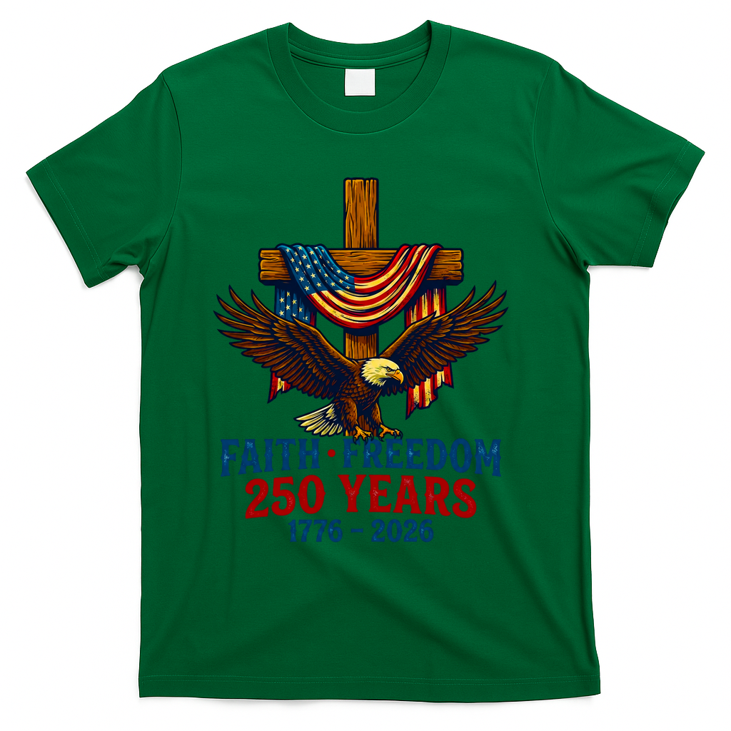 Faith Freedom 250 Years 1776-2026 American USA Flag Cross Eagle T-Shirt - Green