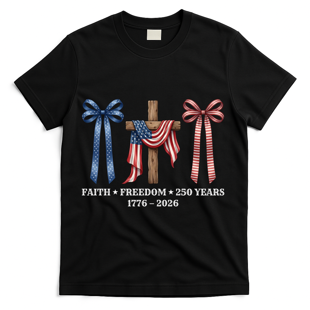 Faith Freedom 250 Years 1776-2026 Cute Patriotic Ribbons Christian Cross USA Flag T-Shirt - Black
