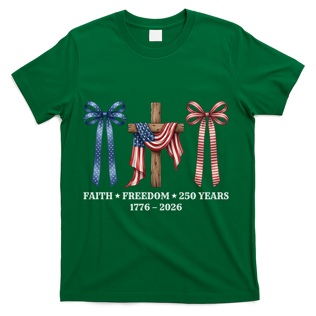 Faith Freedom 250 Years 1776-2026 Cute Patriotic Ribbons Christian Cross USA Flag T-Shirt - Green
