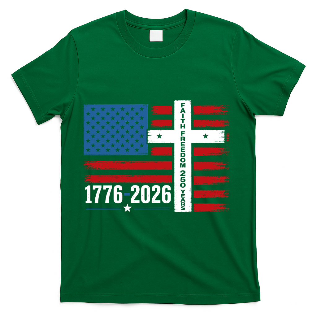 Faith Freedom 250 Years 1776-2026 USA American Flag Cross T-Shirt - Green