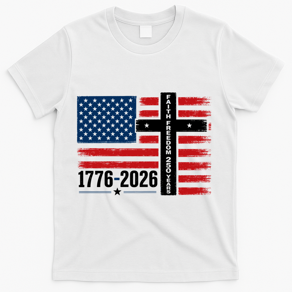 Faith Freedom 250 Years 1776-2026 USA American Flag Cross T-Shirt - White