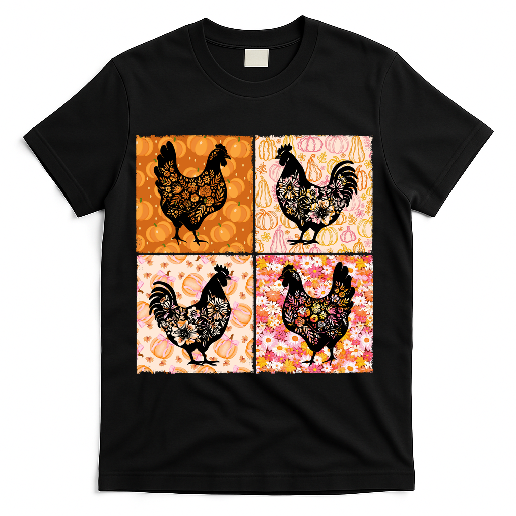Floral Fall Chicken Cute Thankgiving T-Shirt - Black